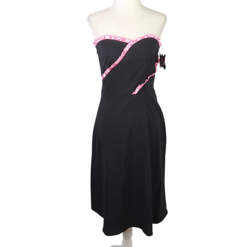 Vintage Y2K Self Esteem Black Pink Trim Strapless Midi Party Dress 3 NWT